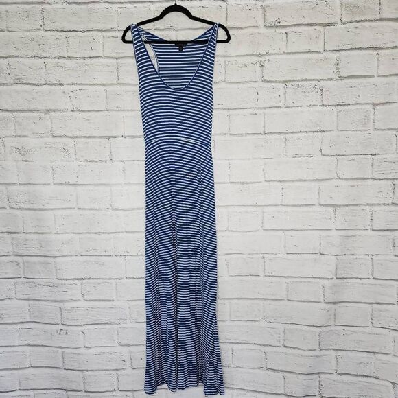 J Crew White Blue Striped Sleeveless Racerback Maxi Dress Womens Stretch Large - Picture 1 of 14